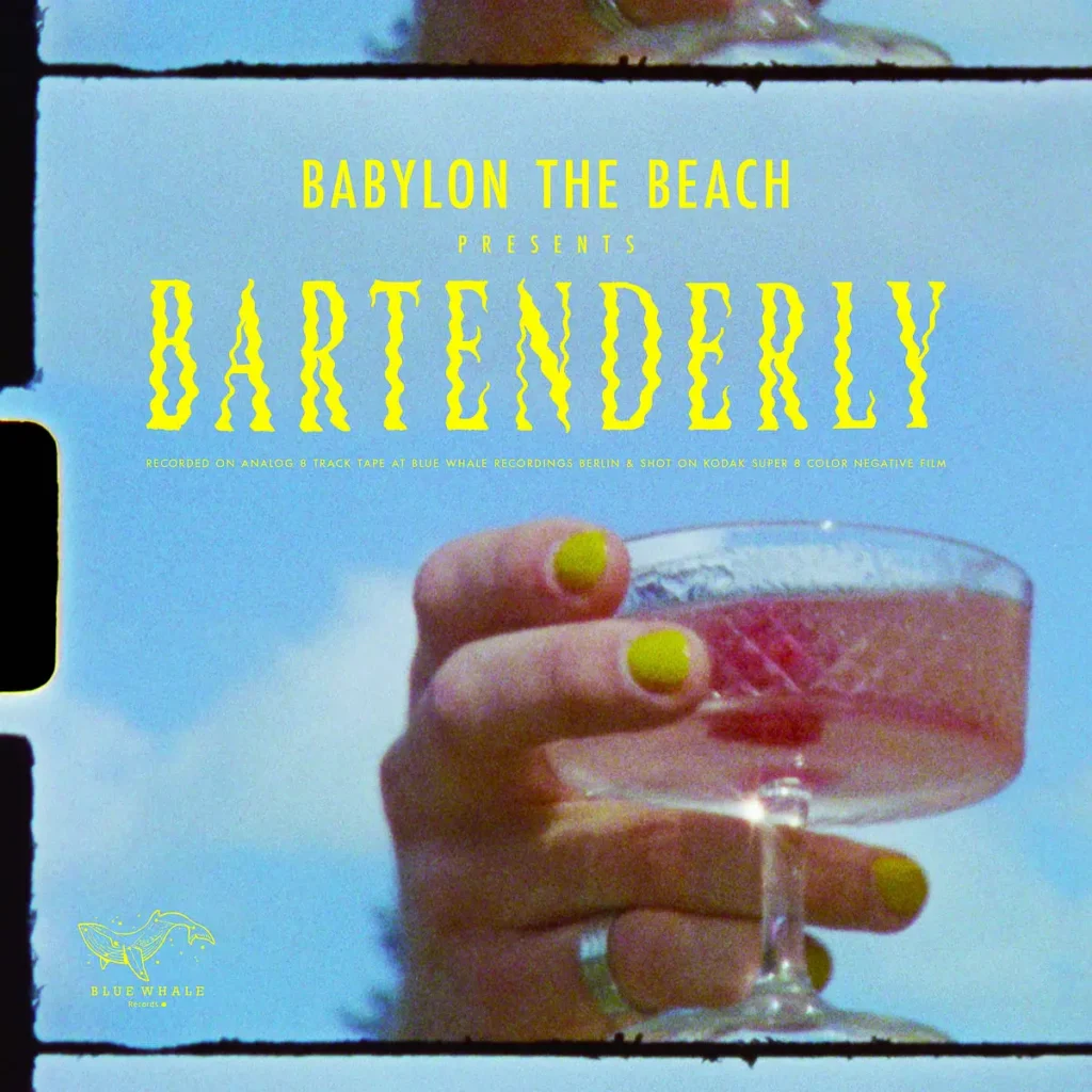 Bartenderly cover showing a hand holding a pink cocktail against a blue sky, with yellow lettering.