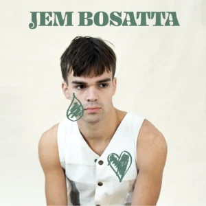 Loss & Love cover: portrait of Jem Bosatta wearing a white vest, with hand‑drawn green teardrop and heart